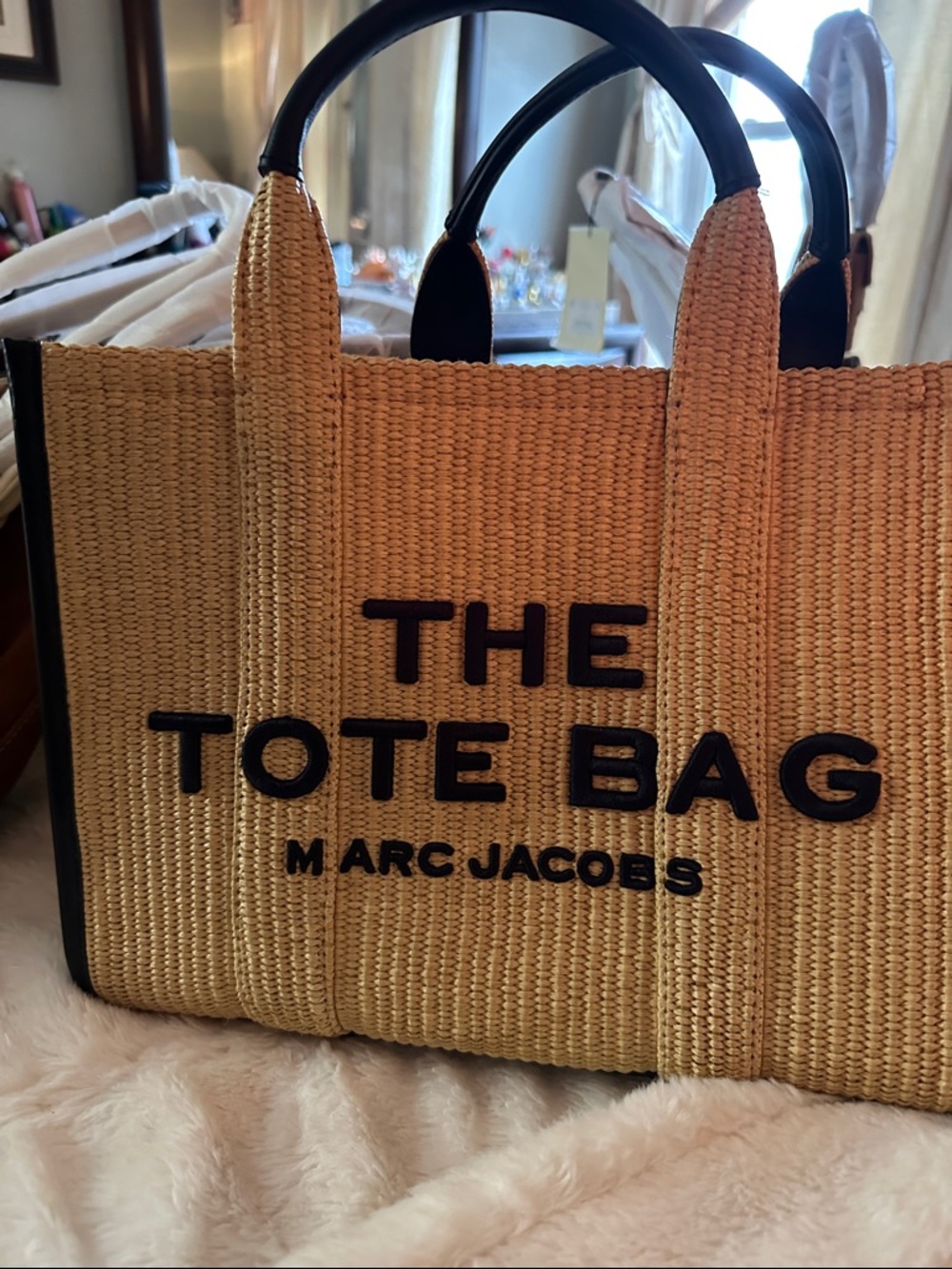 Marc Jacobs Straw Tote Bag with Black Trim and Logo